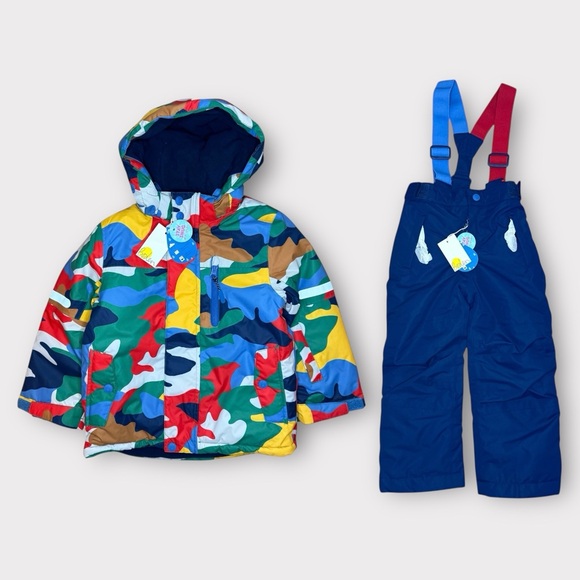Mini Boden Other - Mini Boden Colorful Camo Snow Ski Jacket & Blue Bib